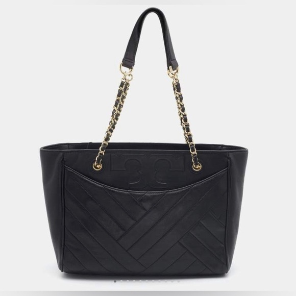 Tory‎ Burch Alexa Black Soft leather quilted Chevron Quilted Print Chain tote - Picture 1 of 15